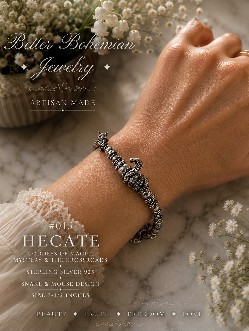 BETTER BOHEMIAN # 015 HECATE 925 sterling silver SNAKE & MOUSE BRACELET